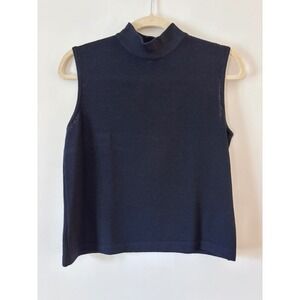 St John Basics Black Sleeveless Mock Neck Knit Top Made in USA Zip Small